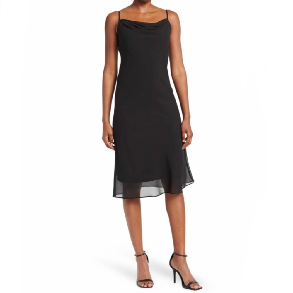 Tash and Sophie Cowl Neck Midi Chiffon Slip Little Black Dress